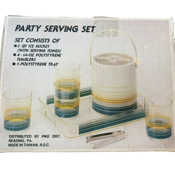 NOS Original Box, Never used Party Set 3QT Ice Bucket Polystyrene Tumblers Tray - Picture 1 of 7